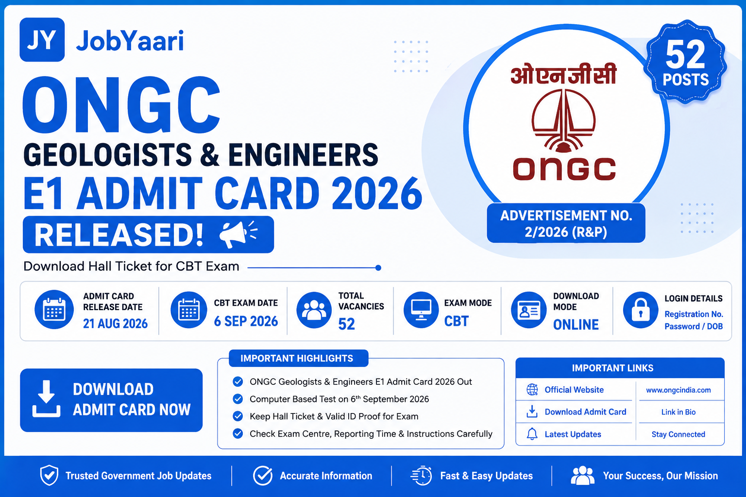 ONGC Geologists and Engineers E1 Admit Card 2026 Released – Download Hall Ticket for 6 September CBT