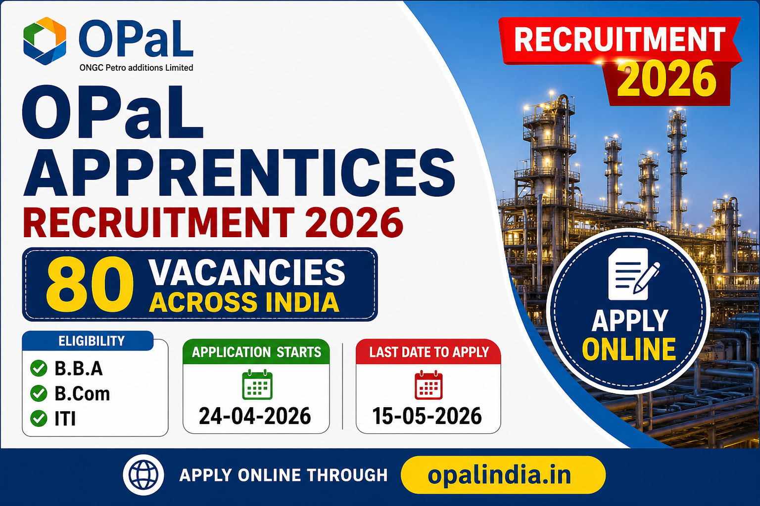 OPaL Apprentices Recruitment 2026 Apply Online – 80 Vacancies for BBA, B.Com, ITI | Last Date 15 May