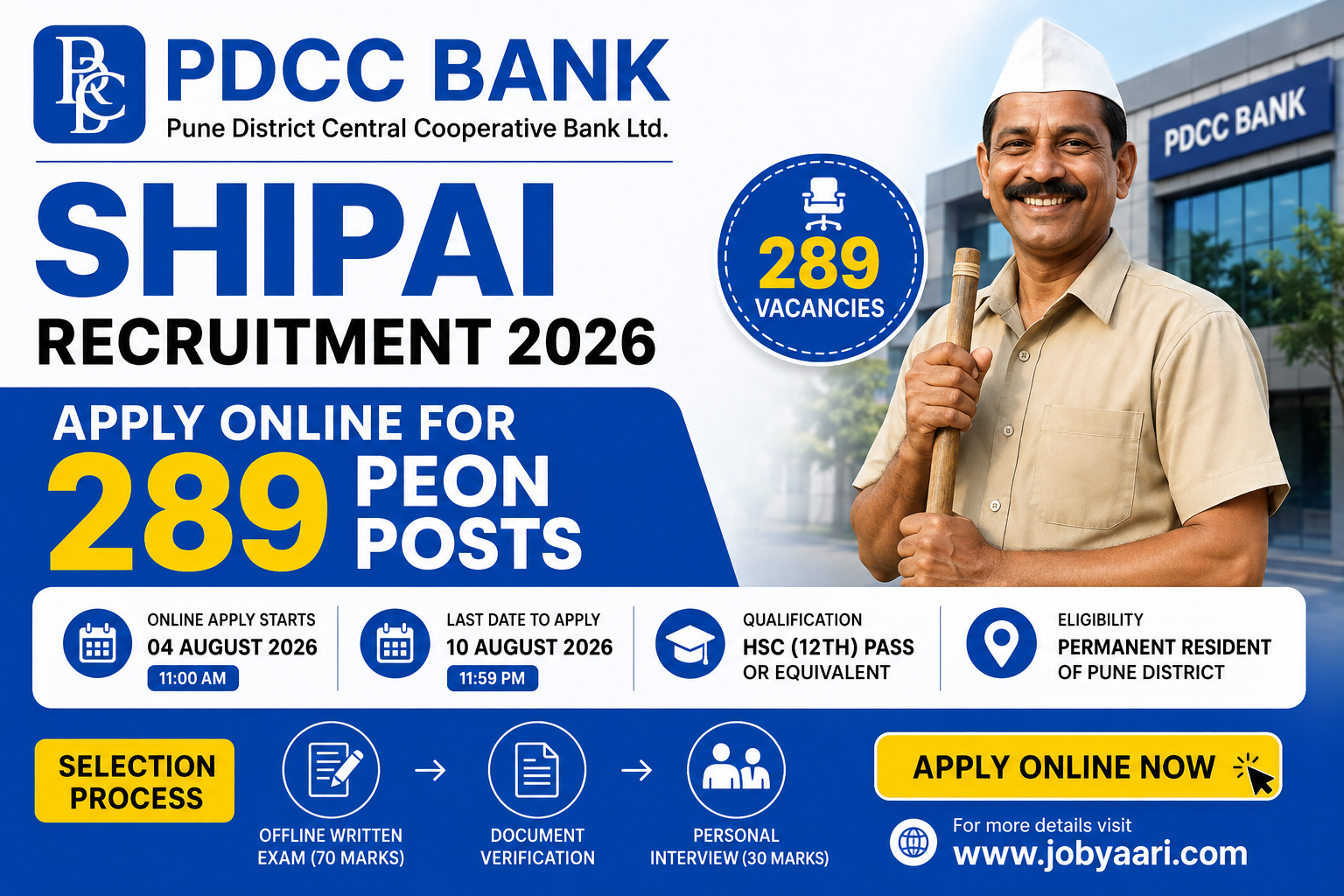 PDCC Bank Shipai Recruitment 2026 Notification for 289 Peon Posts – Apply Online