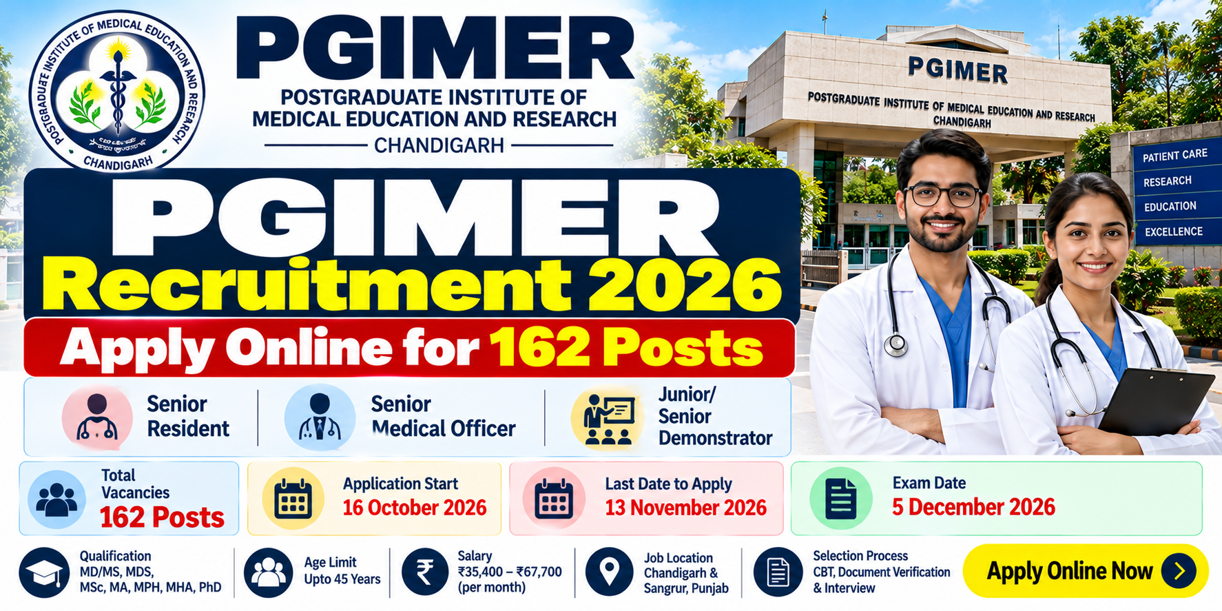 PGIMER Recruitment 2026: Apply Online for 162 Posts