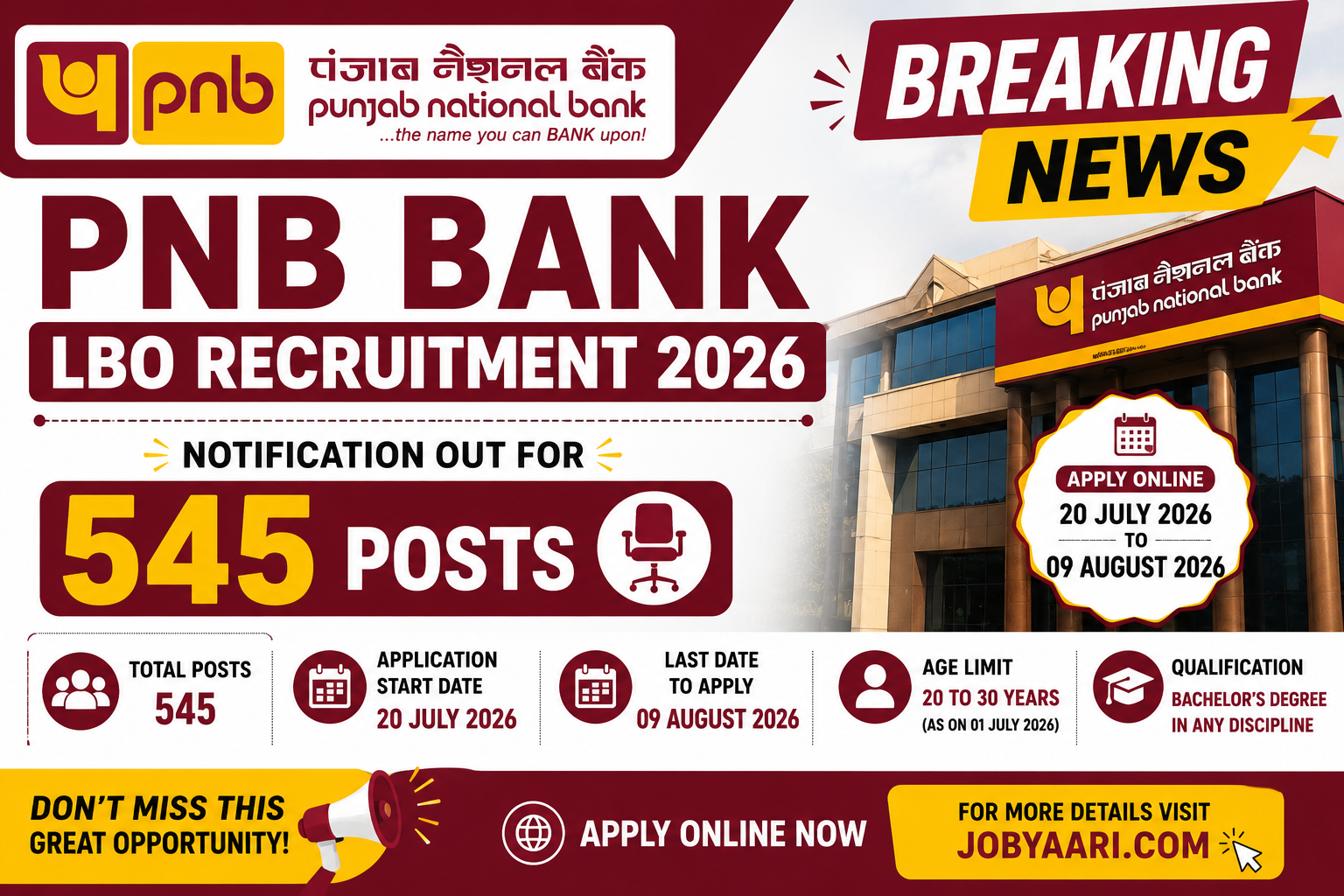 PNB Bank LBO Recruitment 2026 Notification Out for 545 Posts, Apply Online