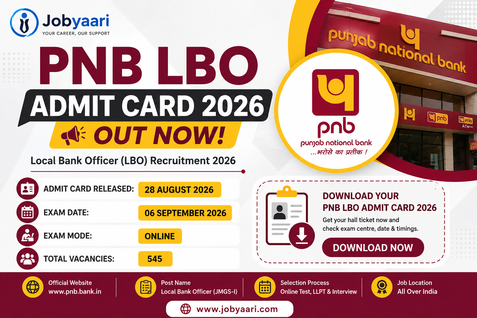 PNB LBO Admit Card 2026 released – Download Local Bank Officer Hall Ticket and check September 6 exam date