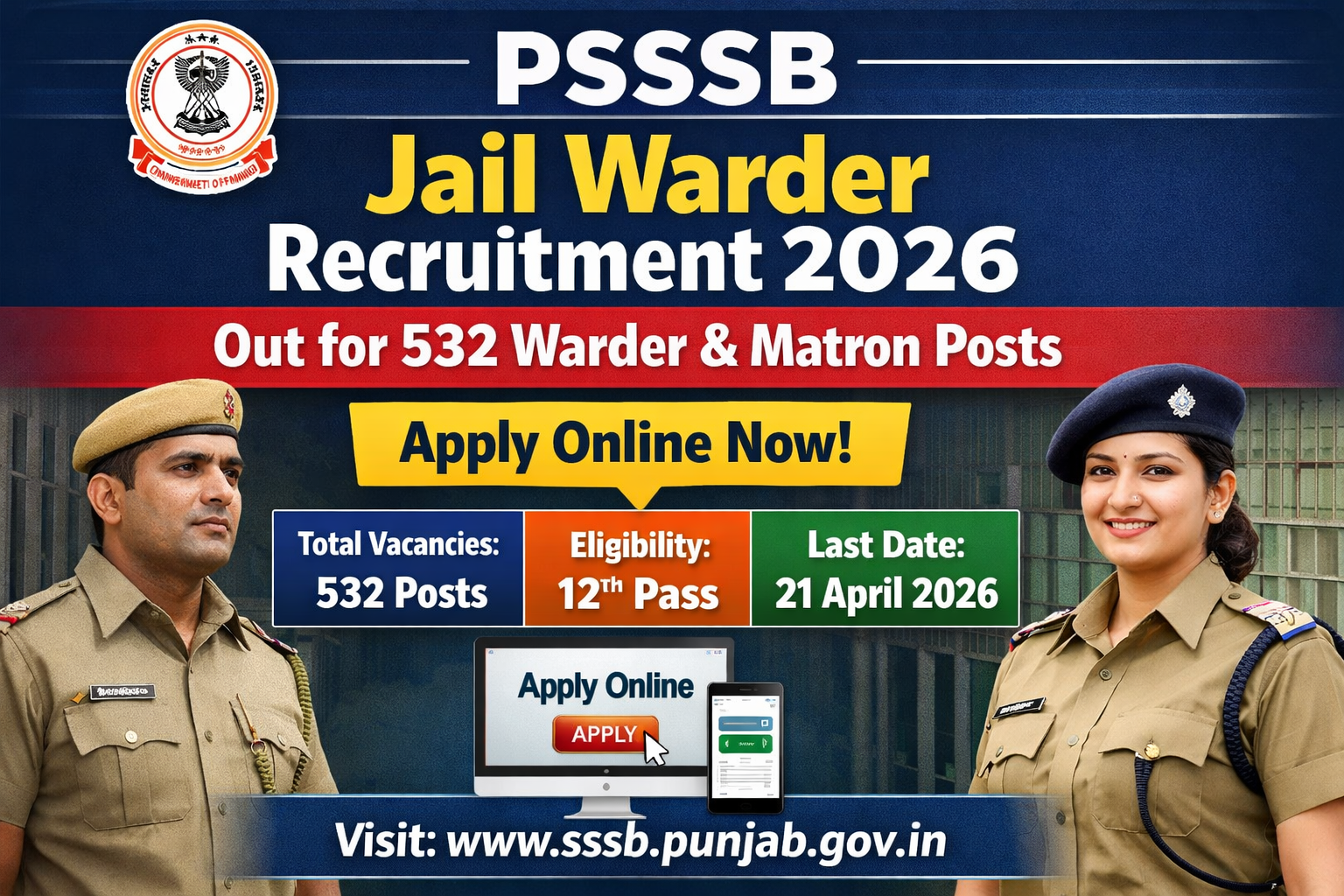PSSSB Jail Warder Recruitment 2026 Out for 532 Warder & Matron Posts, Apply Online