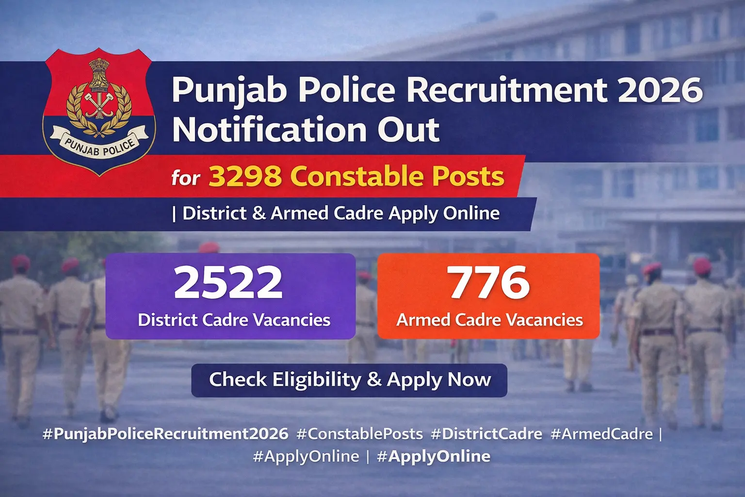 Punjab Police Recruitment 2026 Notification Out for 3298 Constable Posts | District & Armed Cadre Ap