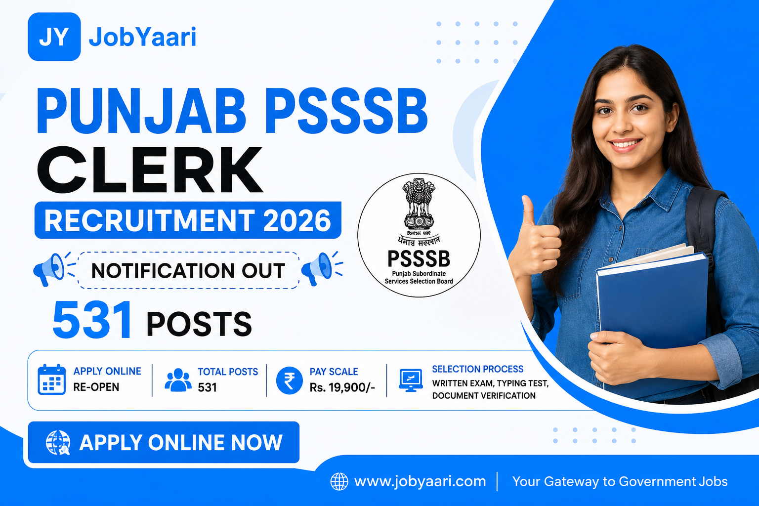Punjab PSSSB Clerk Recruitment 2026: Notification, Eligibility, Fee, Salary & Selection Process