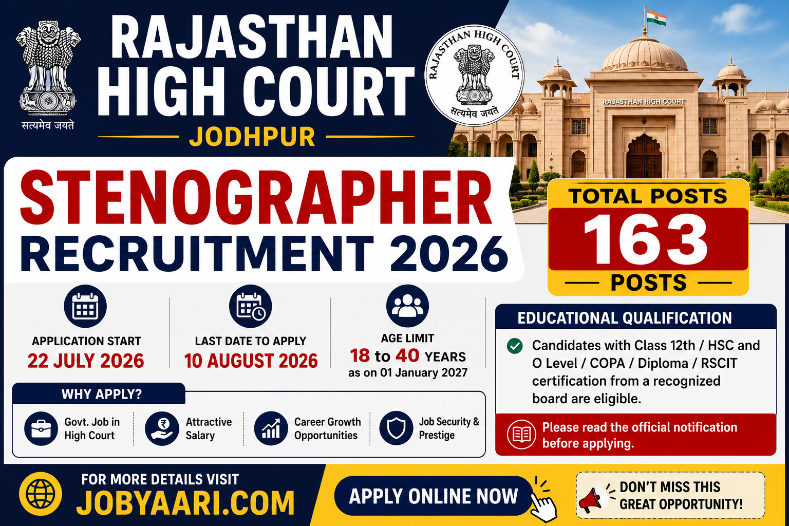 Rajasthan High Court Stenographer Recruitment 2026 Apply Online for 163 Posts