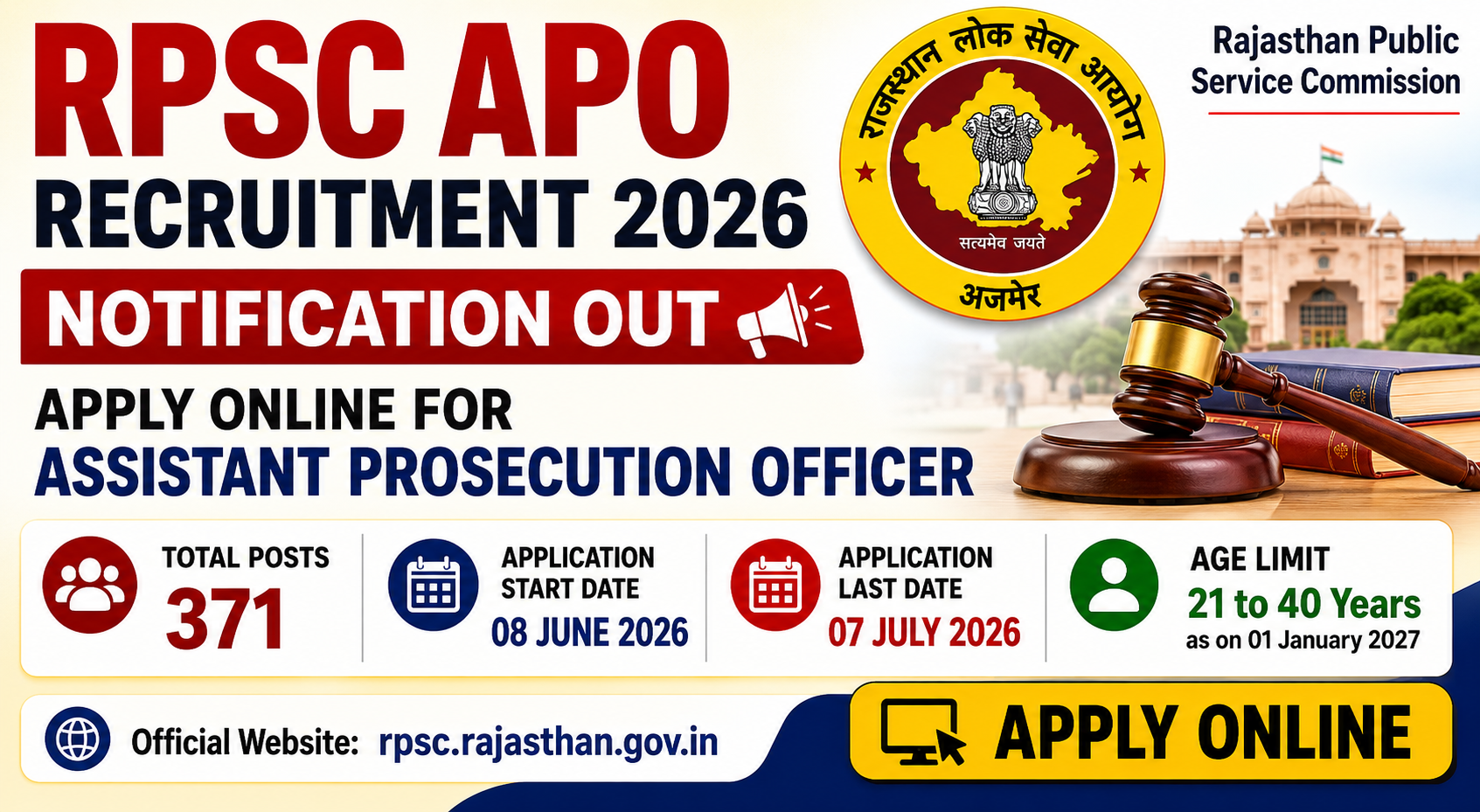 RPSC APO Recruitment 2026 Notification Out for 371 Posts – Apply Online for Assistant Prosecution Of