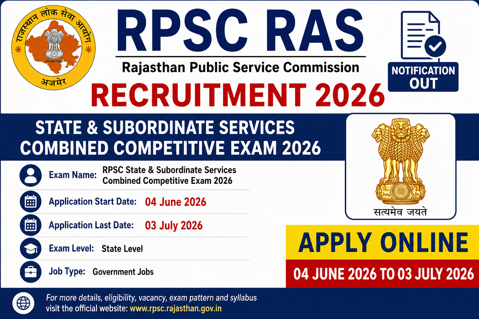 RPSC RAS Recruitment 2026 Notification Out – Apply Online for State & Subordinate Services Exam