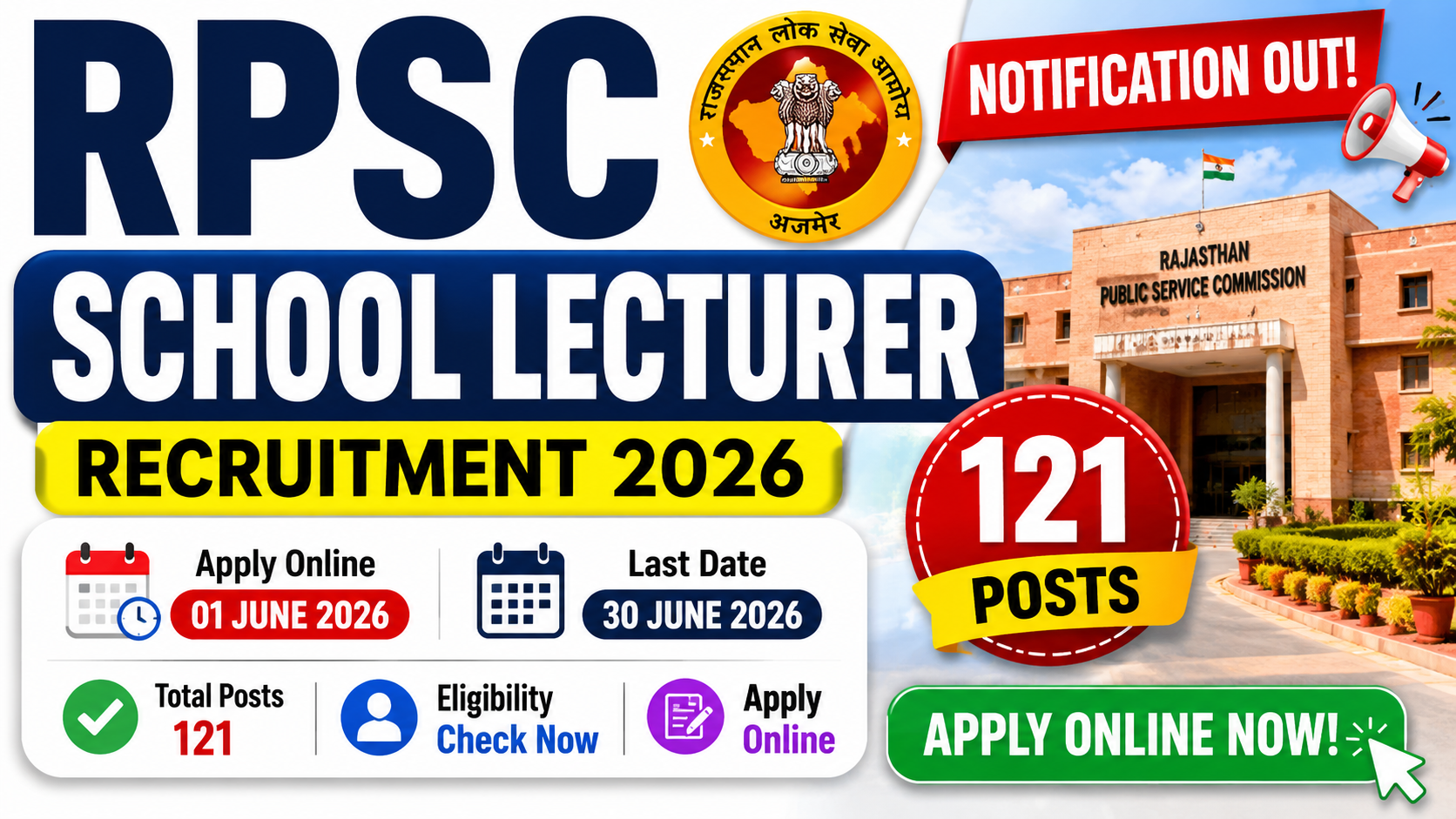 RPSC School Lecturer Recruitment 2026 Notification Out for 121 Posts – Apply Online, Eligibility & L
