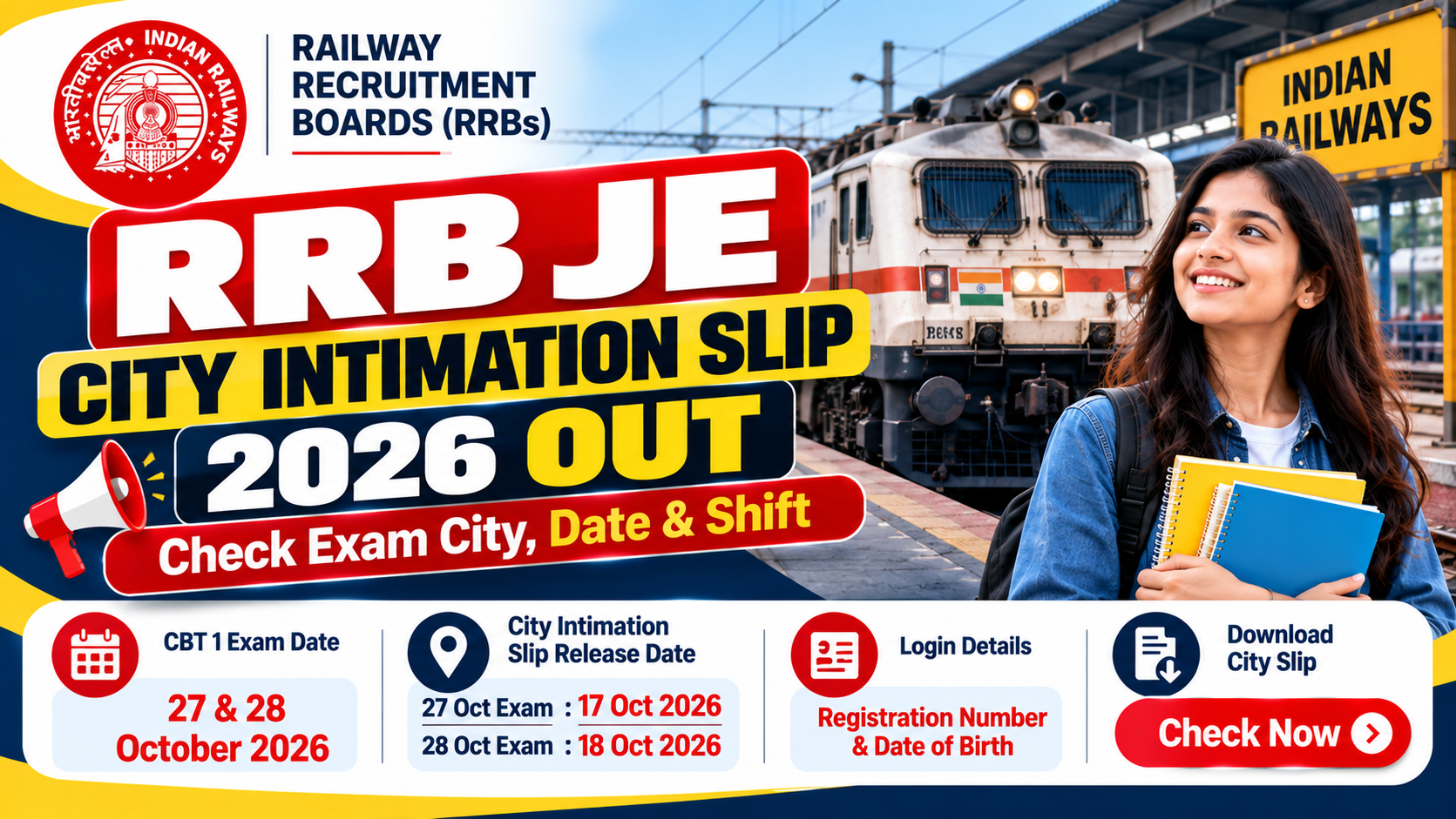 RRB JE City Intimation Slip 2026 OUT – Check Exam City, Date and Shift for CBT 1