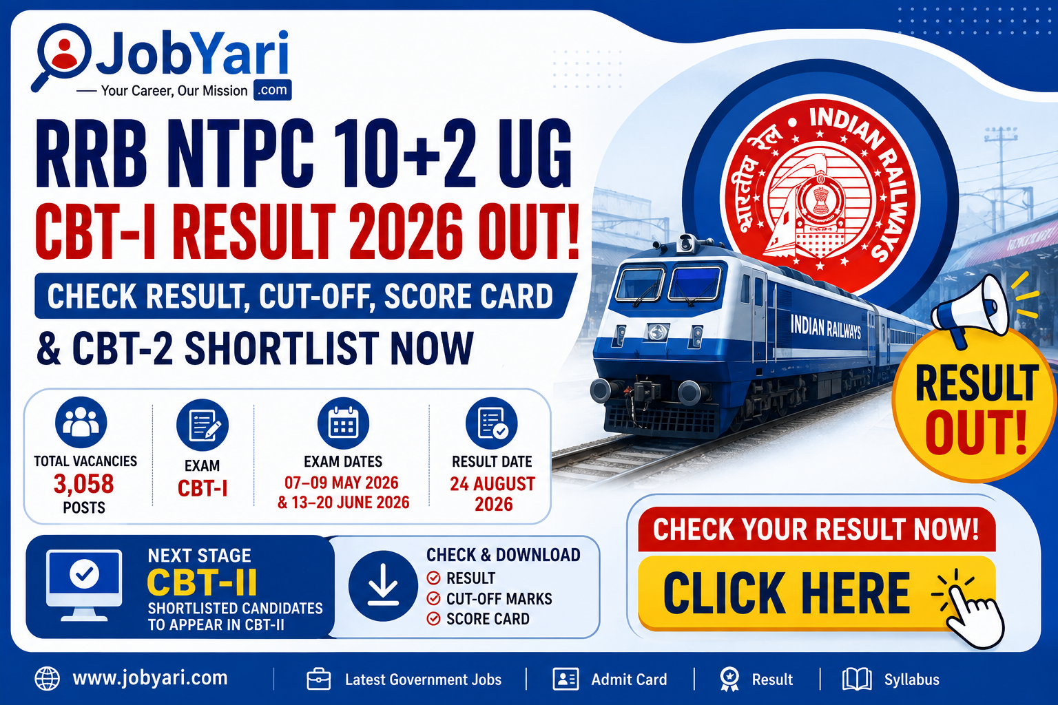RRB NTPC 10+2 UG CBT-I Result 2026 Out – Check Result, Cut-Off and CBT-2 Shortlist