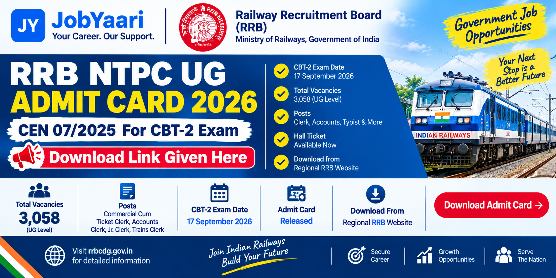 RRB NTPC UG Admit Card 2026 CEN 07/2025 released for CBT-2 exam scheduled on September 17, 2026