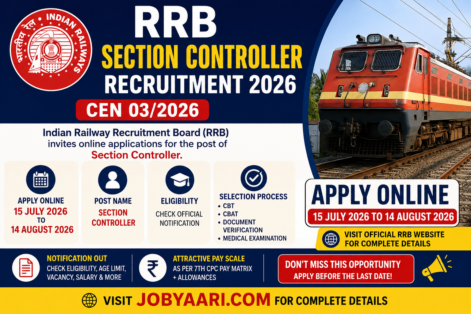 RRB Section Controller Recruitment 2026 Apply Online for CEN 03/2026, Notification, Eligibility, Las