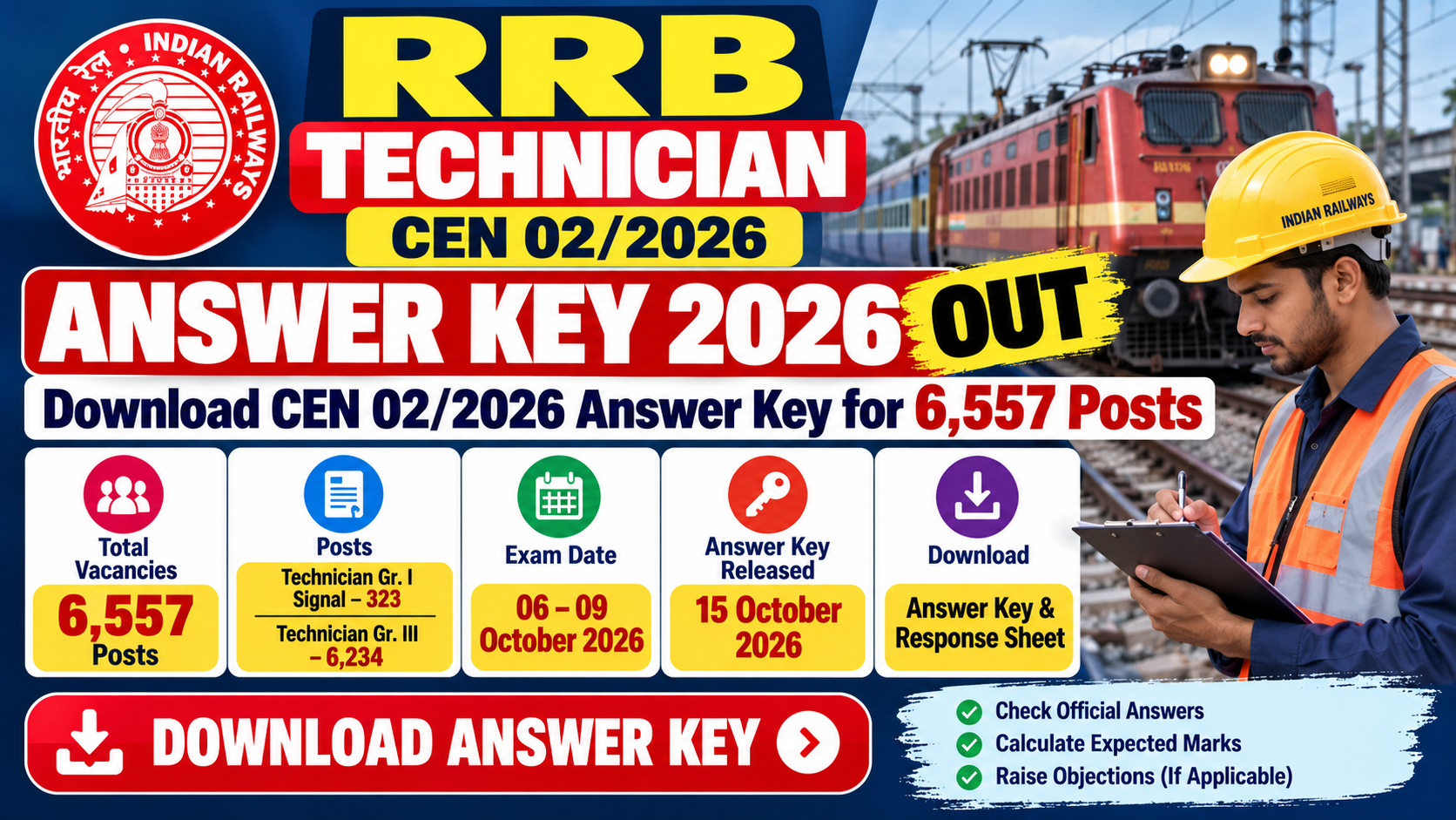 RRB Technician Answer Key 2026 OUT for CEN 02/2026 – Download Answer Key and Response Sheet for 6,557 Posts