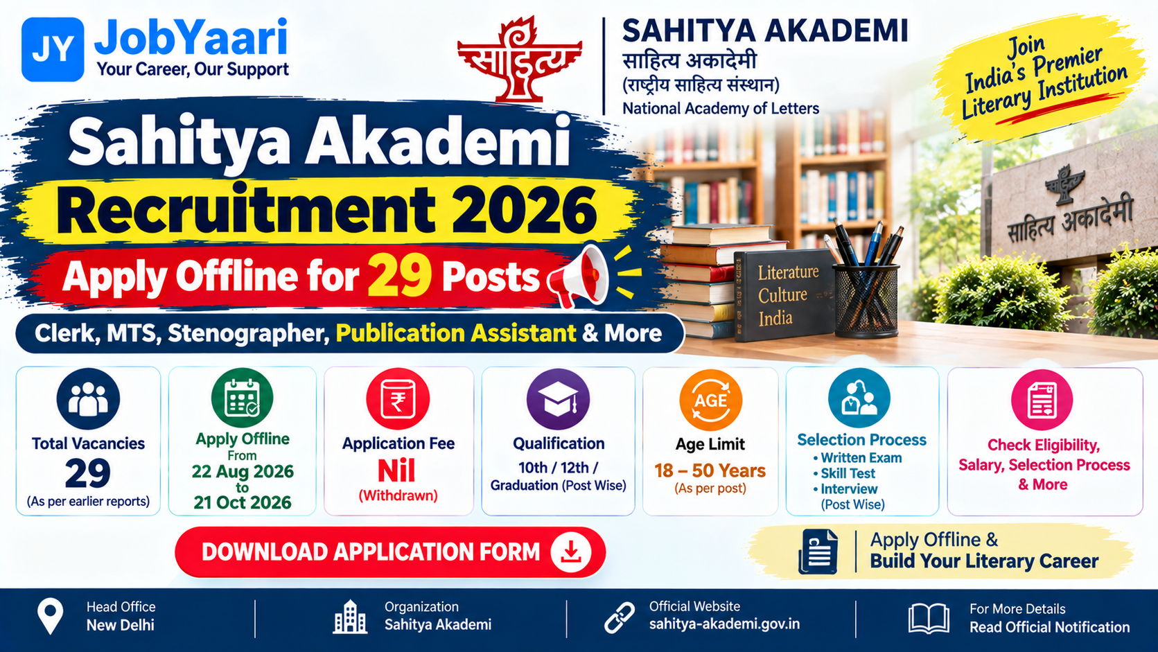 Sahitya Akademi Recruitment 2026 – Apply Offline for Junior Clerk, MTS, Stenographer and Other Posts