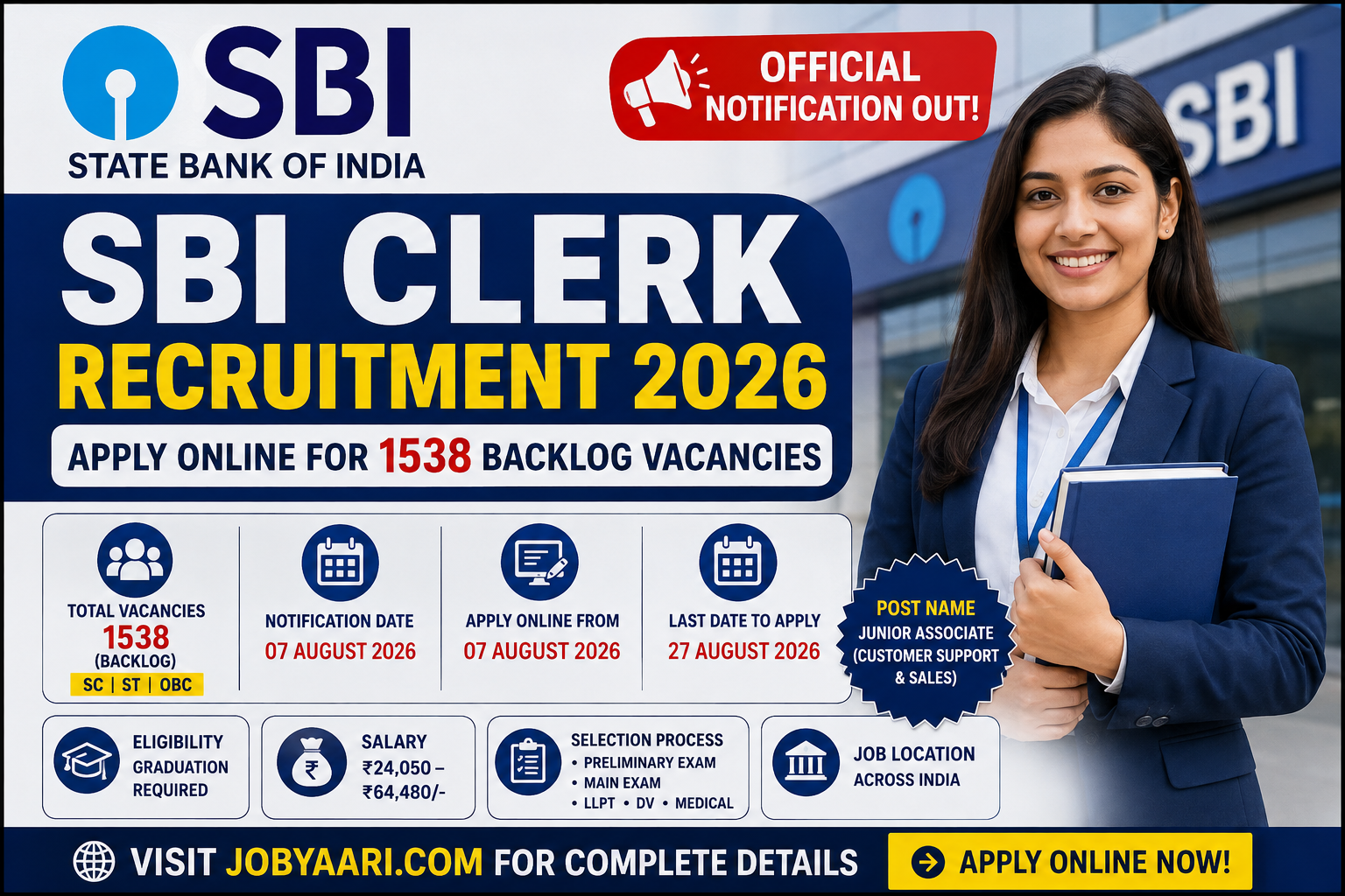SBI Clerk Recruitment 2026 notification apply online for Junior Associate vacancy