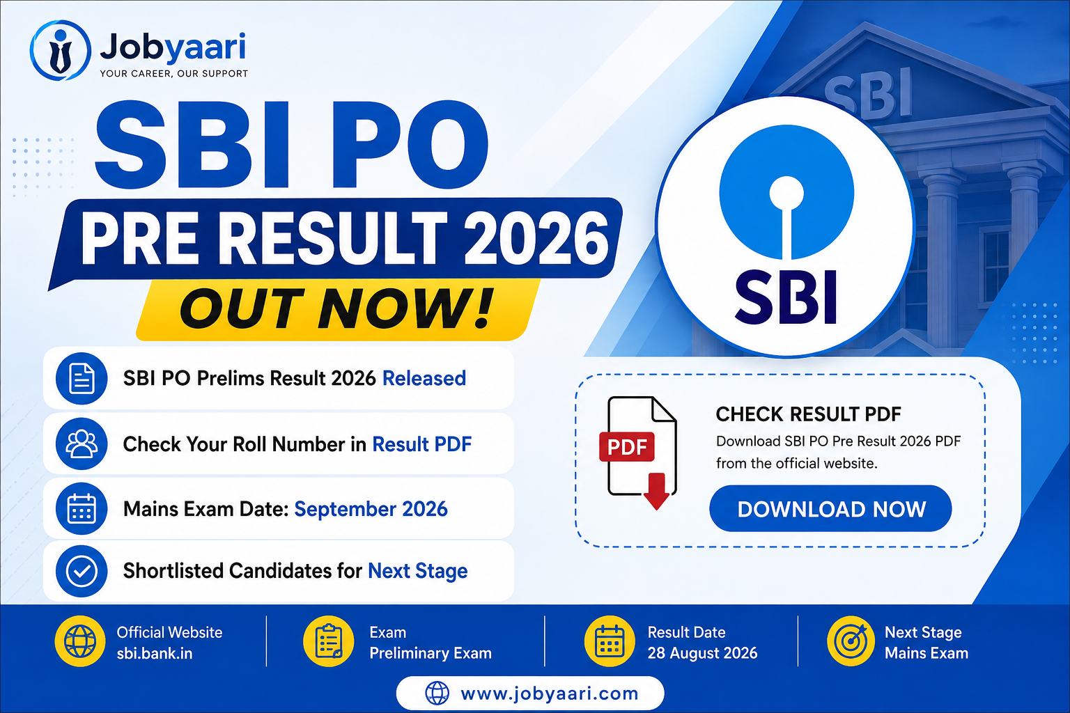 SBI PO Pre Result 2026 released – Check SBI PO Prelims Result PDF and Mains Exam details
