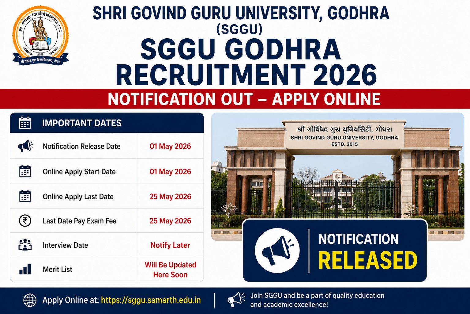 SGGU Godhra Recruitment 2026 Notification Out - Apply Online for 820 Posts