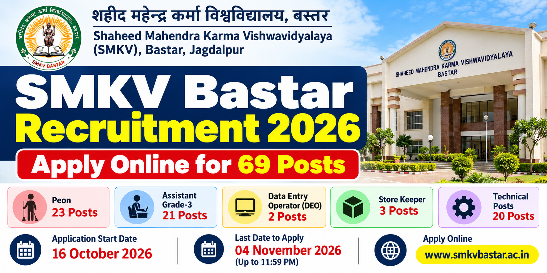 SMKV Bastar Recruitment 2026: Apply Online for 69 Peon, Assistant & DEO Posts