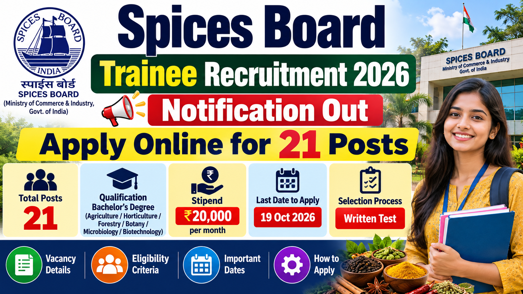 Spices Board Trainee Recruitment 2026 Notification Out: Apply Online for 21 Posts