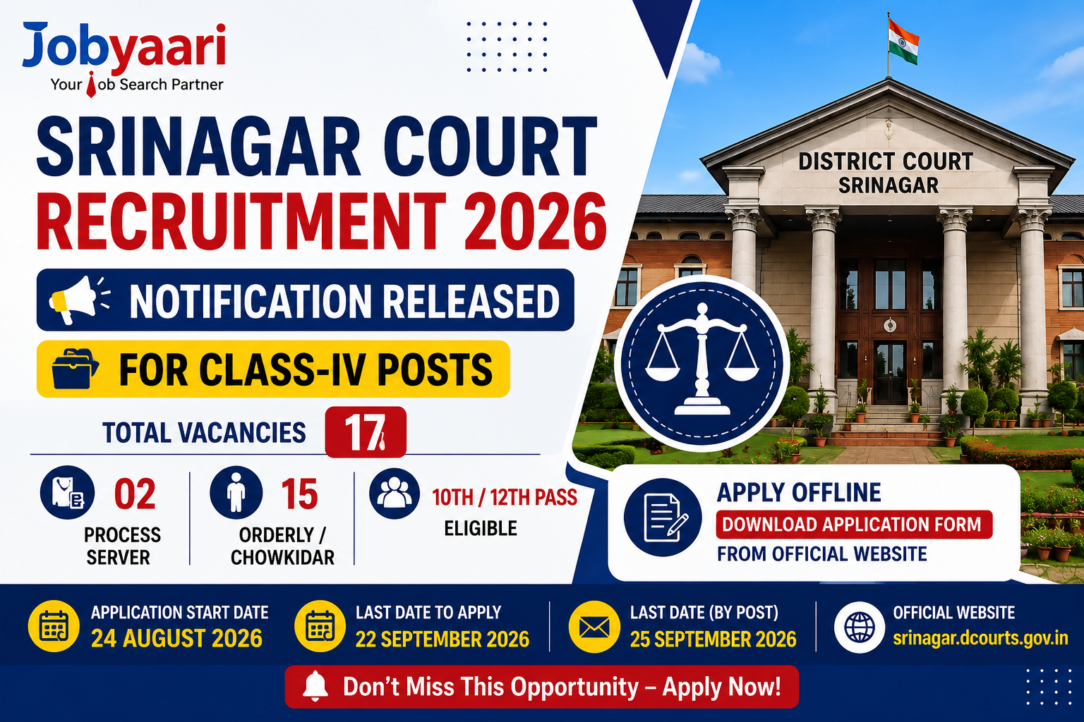 Srinagar Court Recruitment 2026 Notification Released for Class-IV Posts – Download Offline Applicat