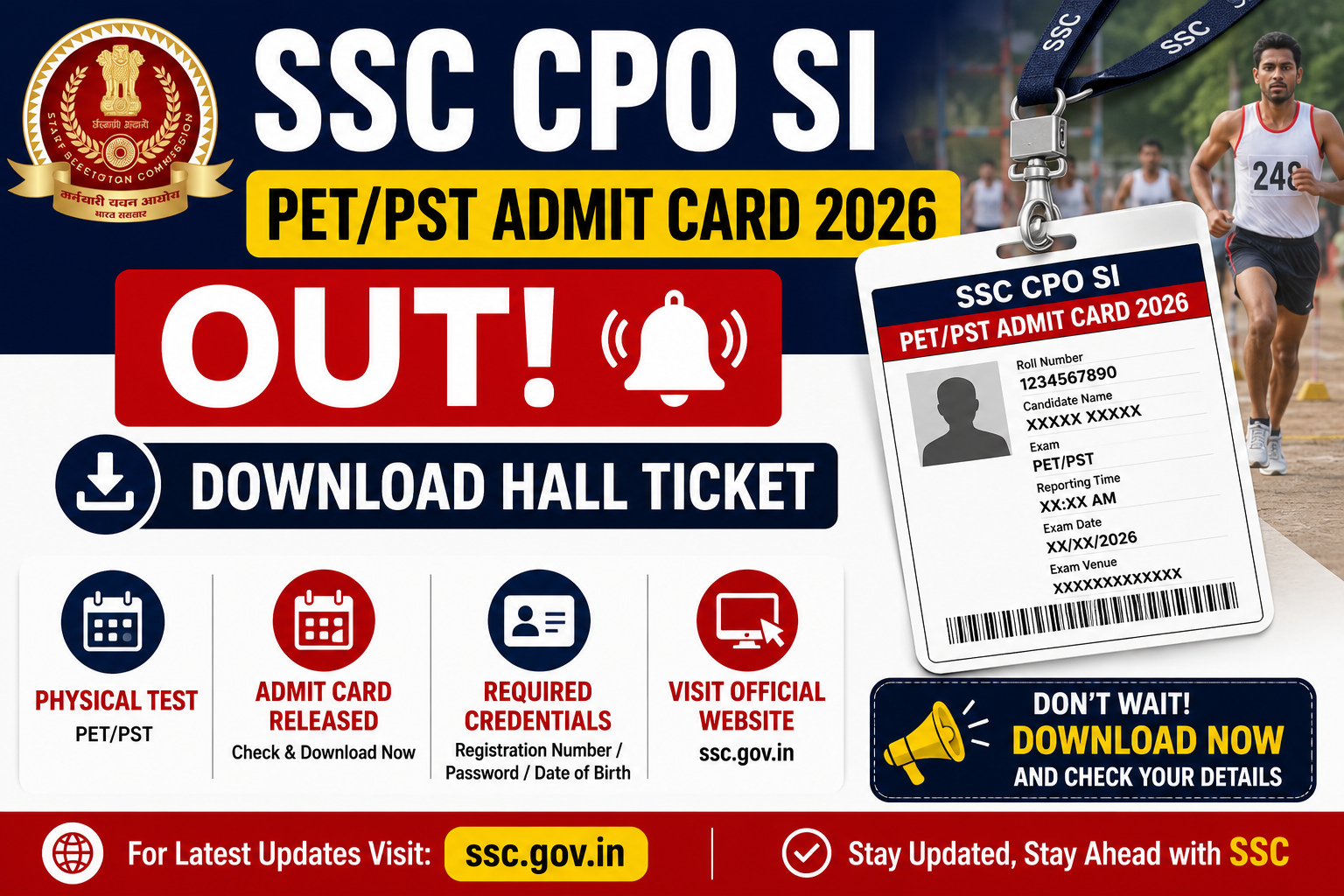 SSC CPO SI PET/PST Admit Card 2026 Out, Download Hall Ticket