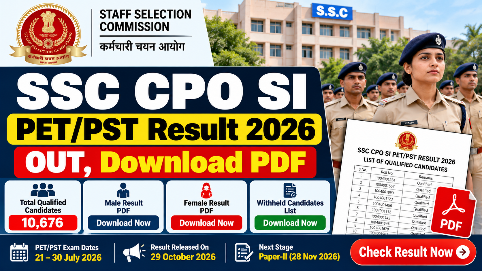 SSC CPO SI PET/PST Result 2026 released, download male and female result PDF