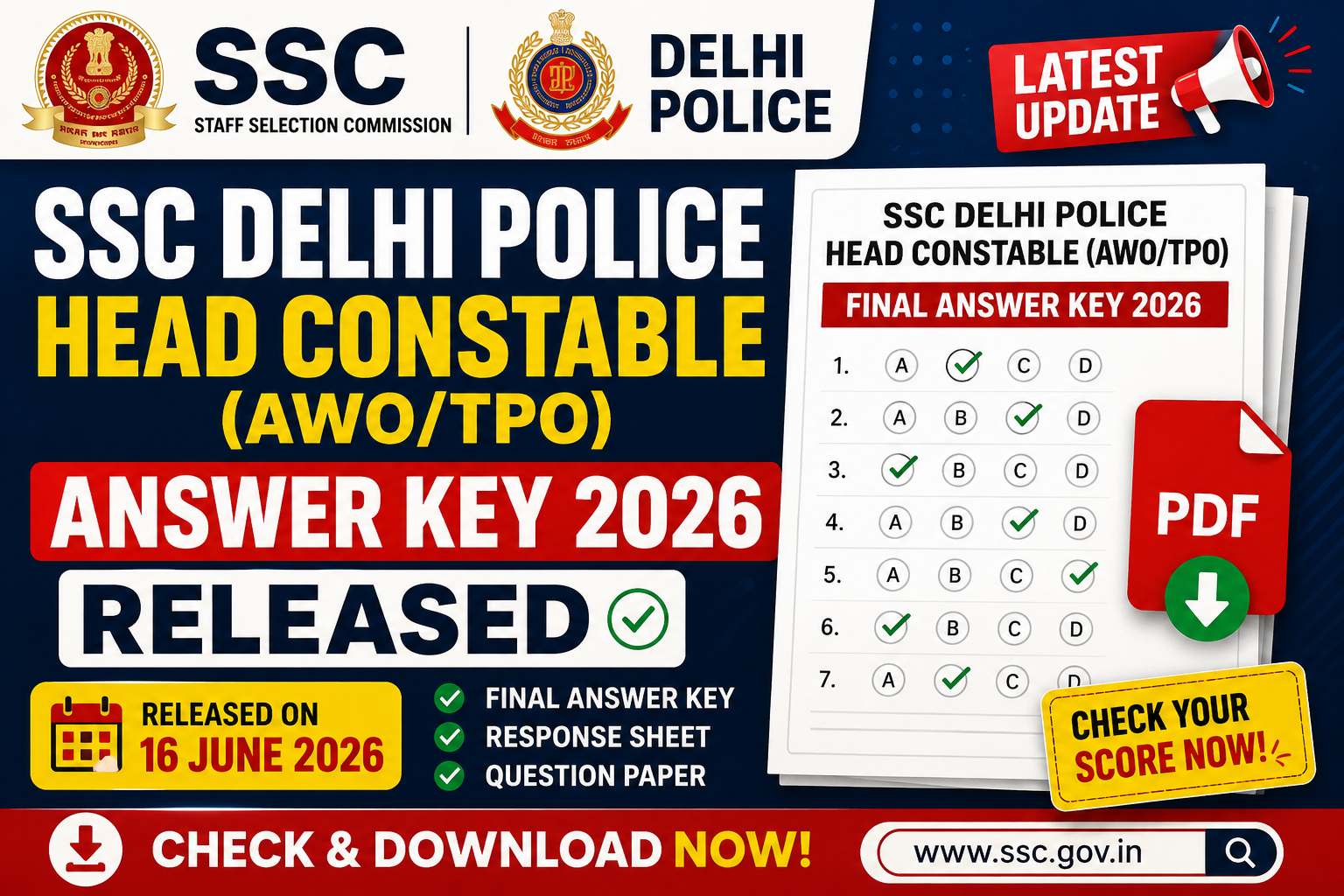 SSC Delhi Police Head Constable Answer Key 2026 Released, Check Final Answer Key PDF