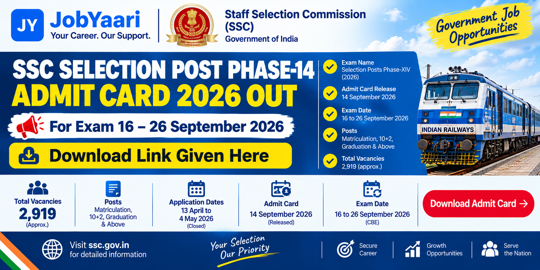 SSC Selection Post Phase 14 Admit Card 2026 released for Computer-Based Examination from September 16 to 26