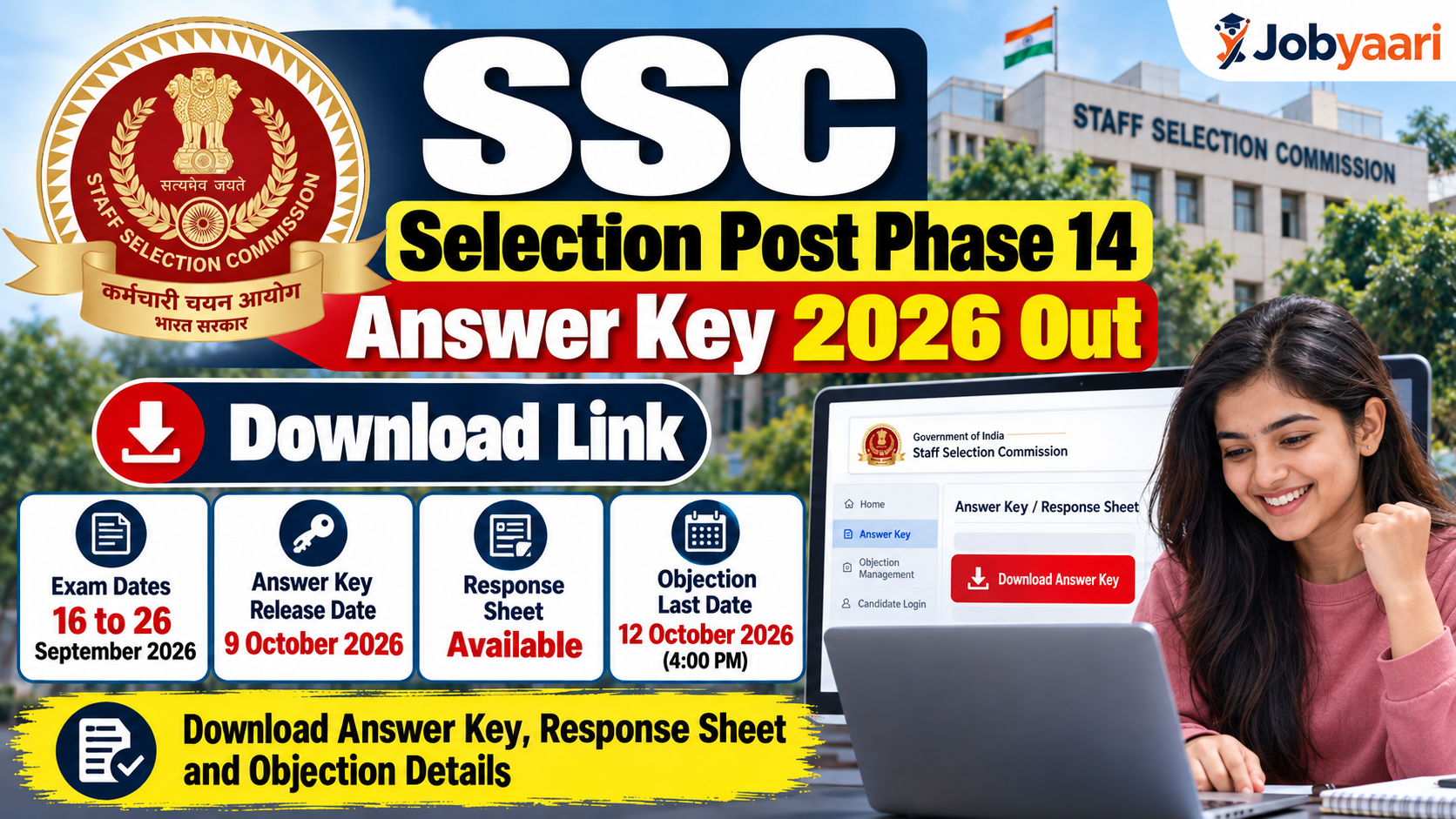 SSC Selection Post Phase 14 Answer Key 2026 released, featuring the download link, response sheet availability, answer key release date of 9 October 2026, and objection deadline of 12 October 2026 at 4 PM