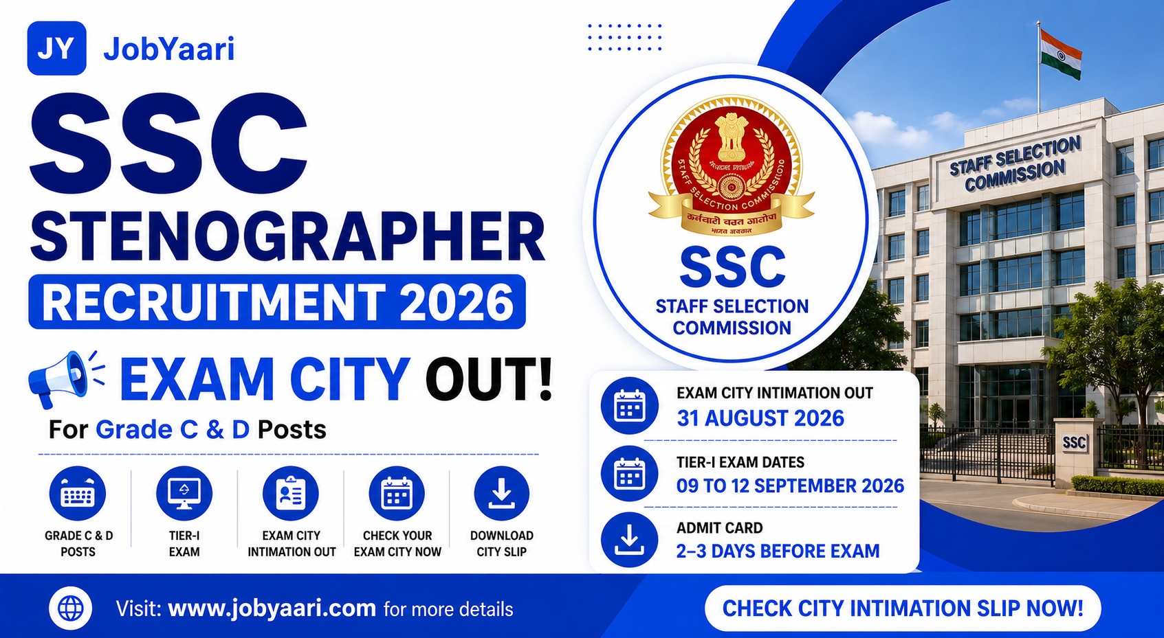 SSC Stenographer Recruitment 2026 Exam City Intimation Slip OUT for Grade C and D Posts – Check Exam City and Tier-I Exam Date