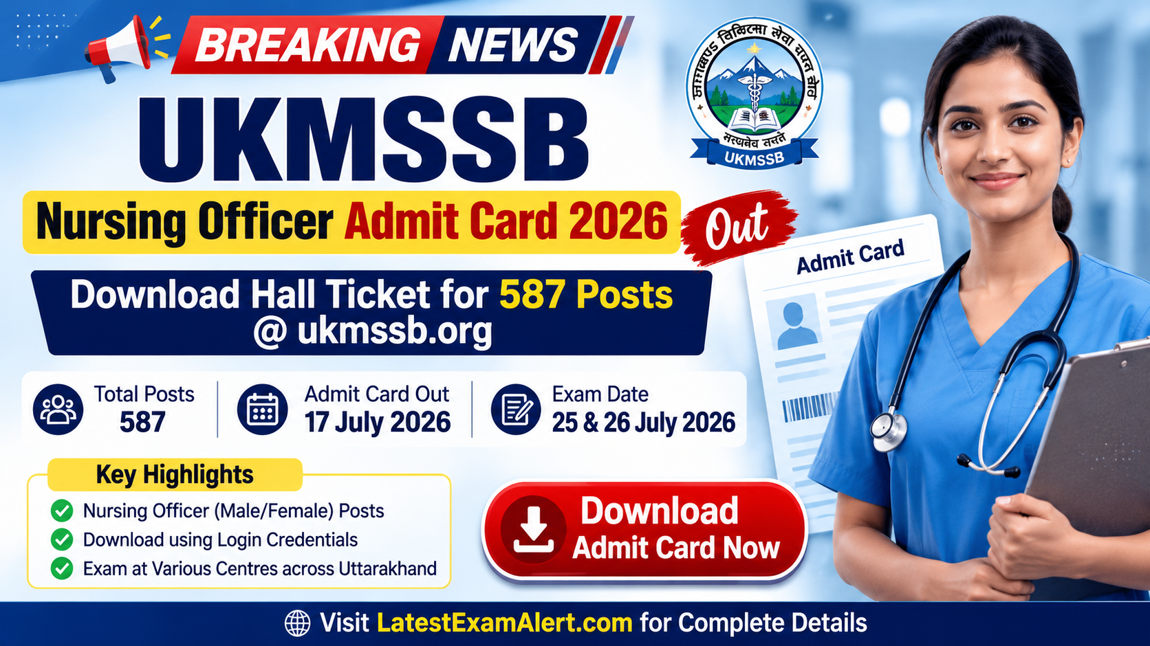 UKMSSB Nursing Officer Admit Card 2026 Out, Download Hall Ticket for 587 Posts @ ukmssb.org