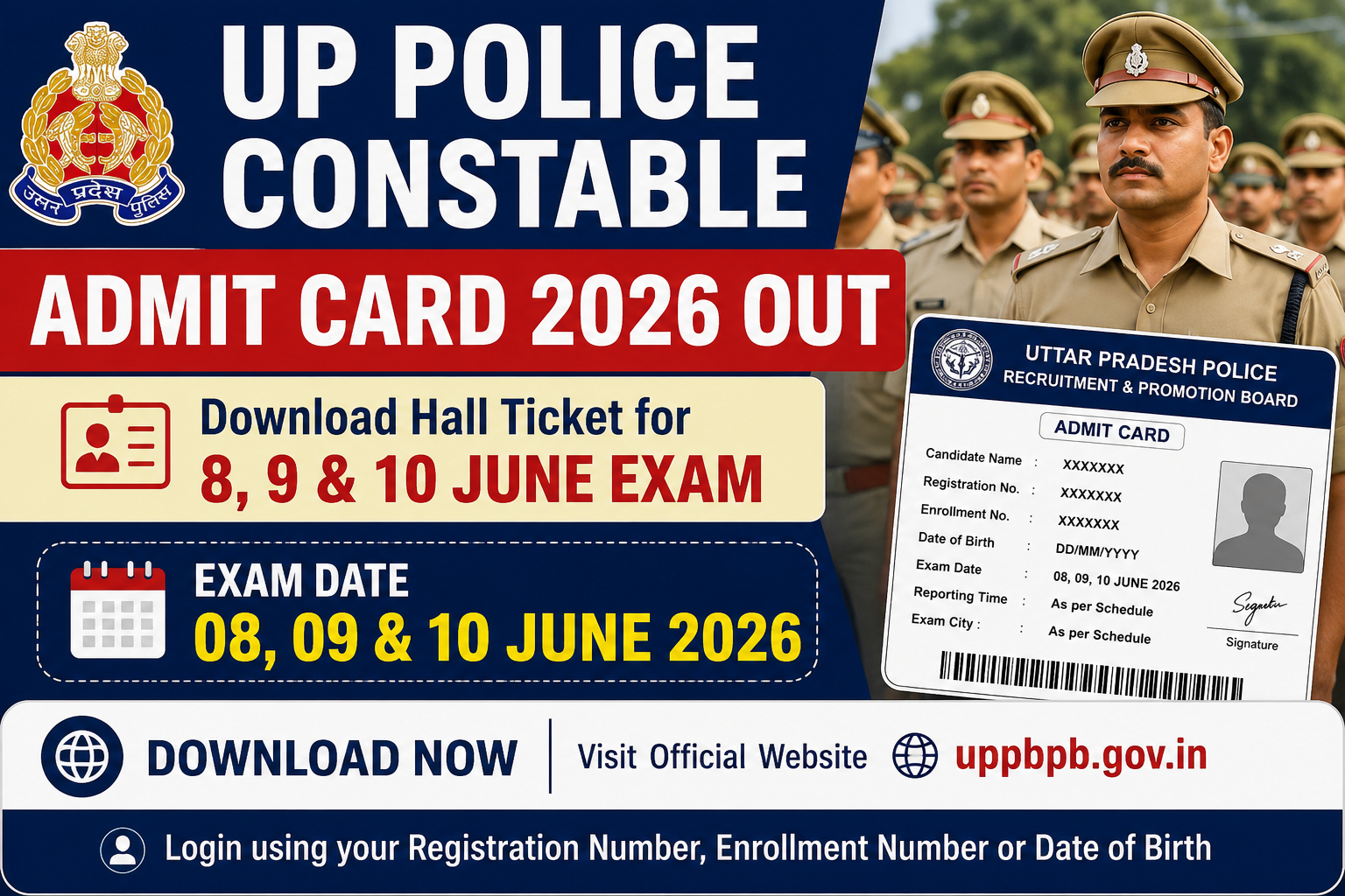UP Police Constable Admit Card 2026 Out – Download Hall Ticket for 8, 9 & 10 June Exam