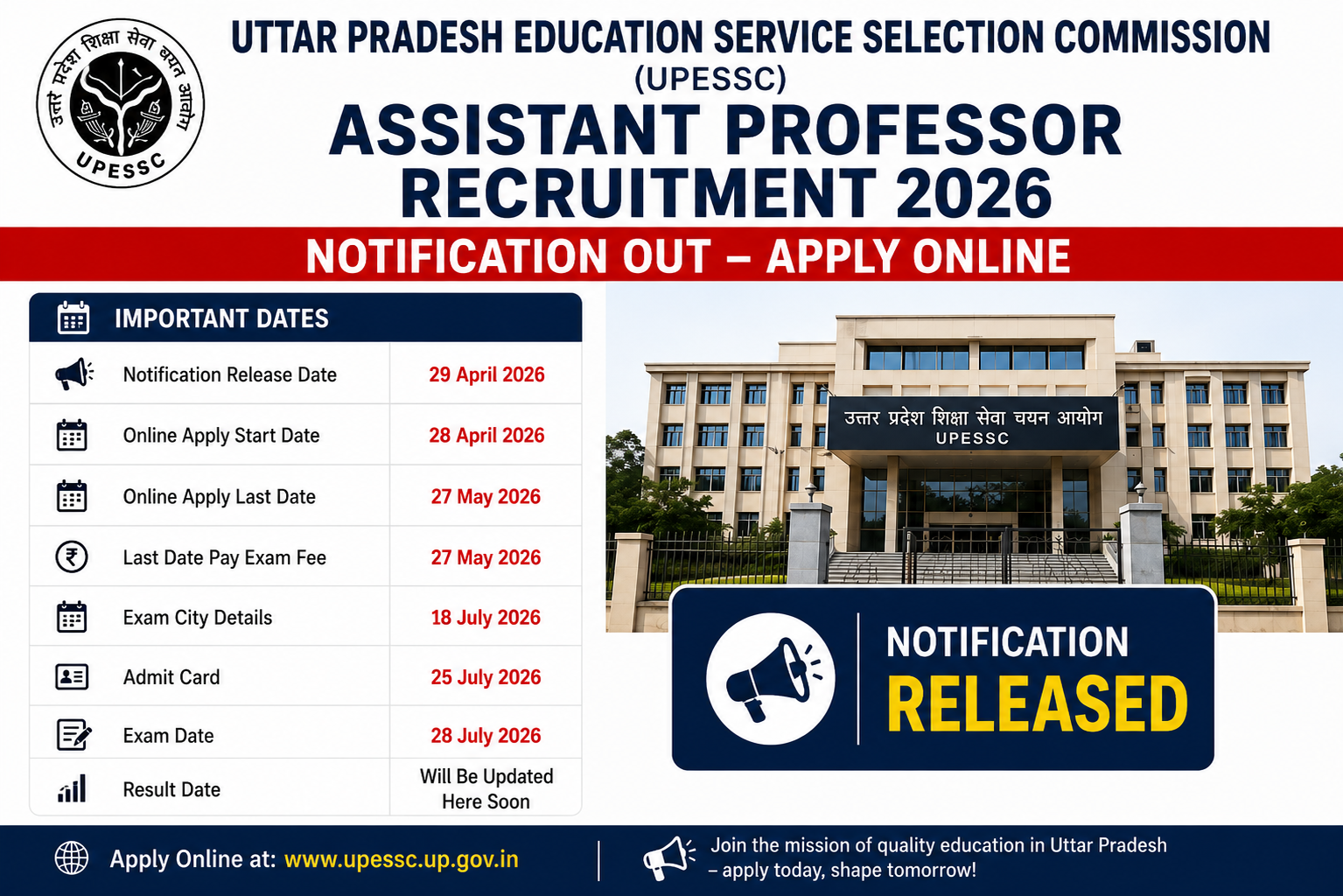UPESSC Assistant Professor Recruitment 2026 Notification Out - Apply Online for 107 Posts