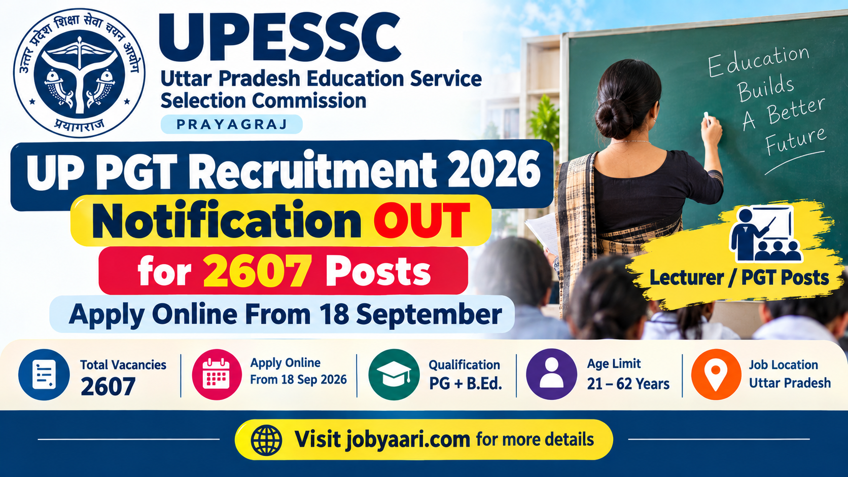 UPESSC UP PGT Recruitment 2026 Notification OUT for 2607 Posts – Apply Online From 18 September