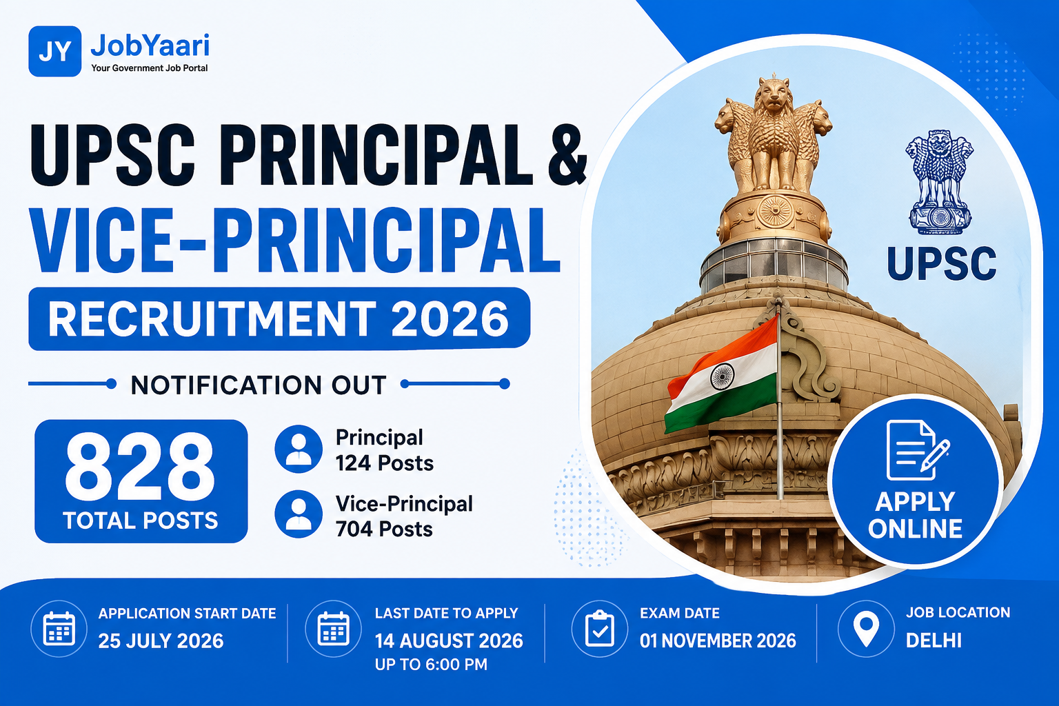 UPSC Principal and Vice-Principal Recruitment 2026: 828 Posts, Eligibility, Exam Date, Salary & Appl