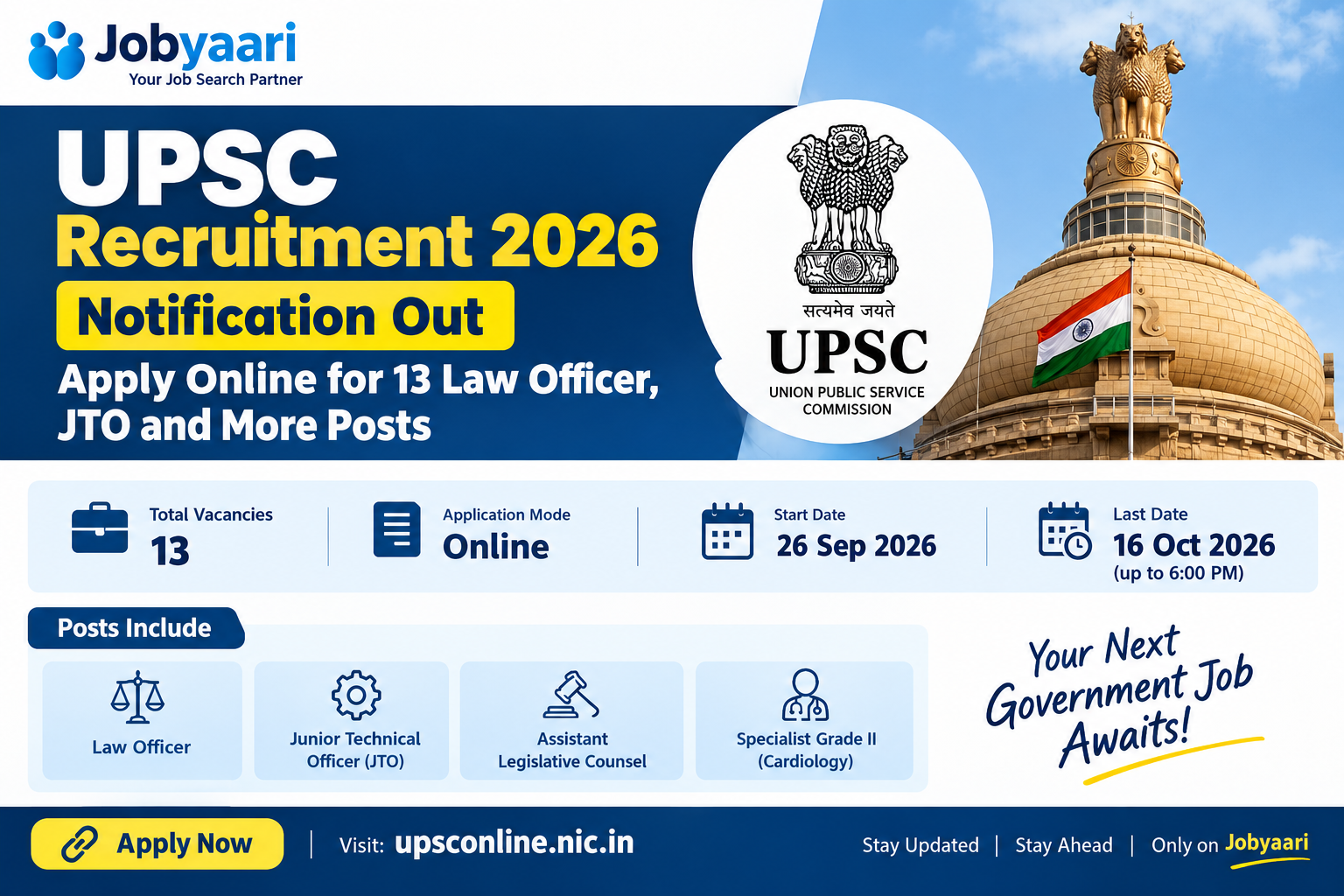 UPSC Recruitment 2026 Notification Out – Apply Online for 13 Law Officer, JTO and More Pos