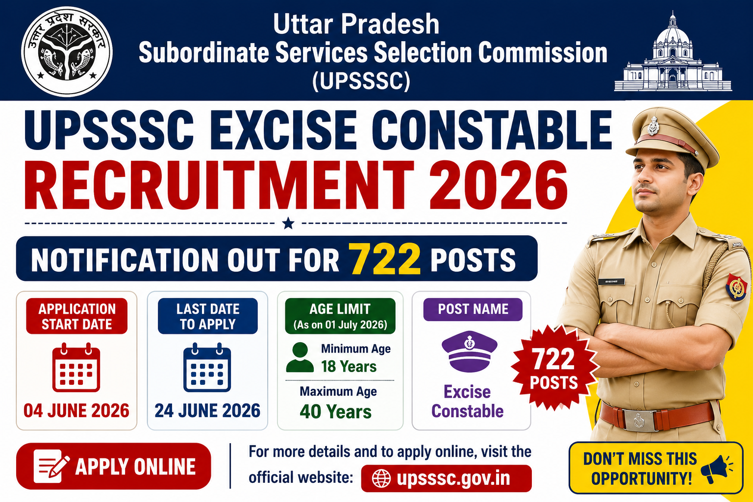 UPSSSC Excise Constable Recruitment 2026 Notification Out for 722 Posts – Apply Online