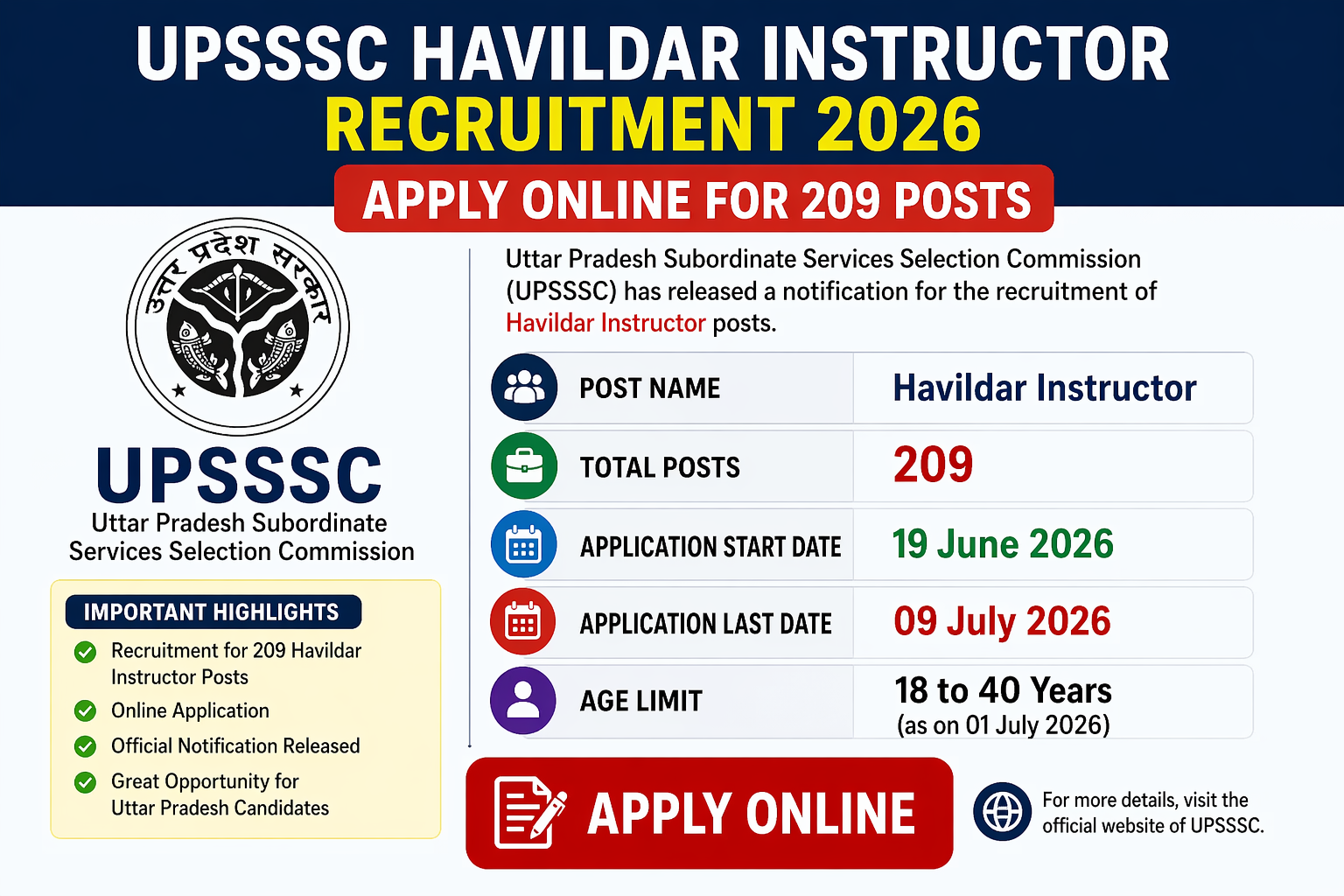 UPSSSC Havildar Instructor Recruitment 2026 Apply Online for 209 Posts | Last Date 09 July