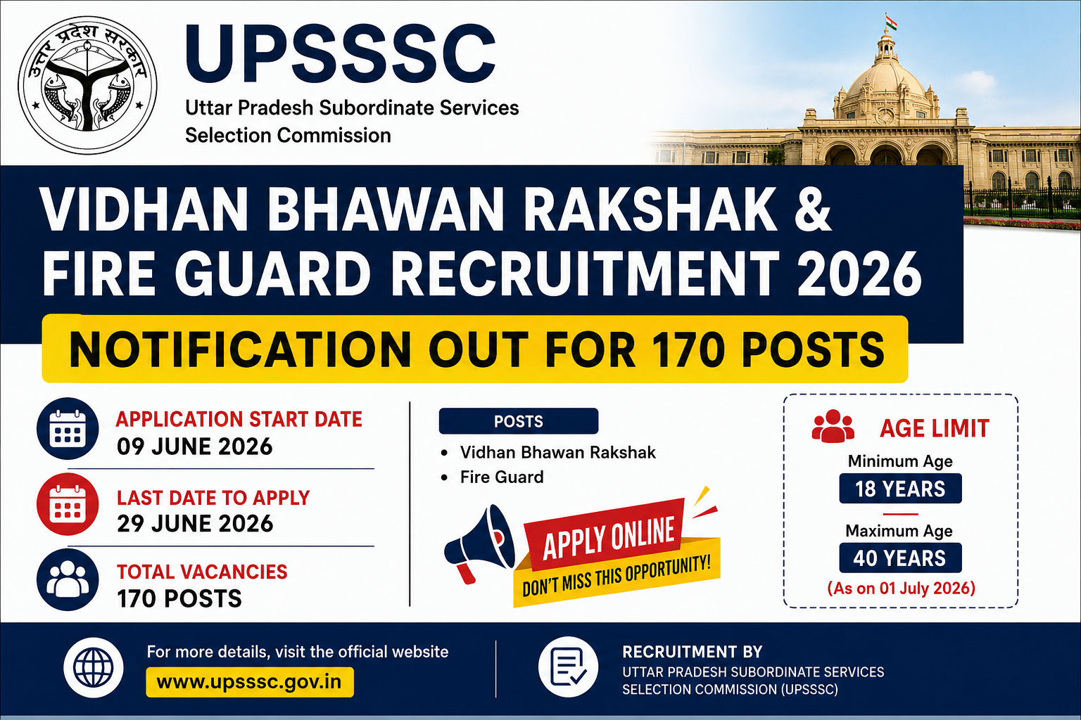 UPSSSC Vidhan Bhawan Rakshak & Fire Guard Recruitment 2026 Notification Out for 170 Posts, Apply Onl