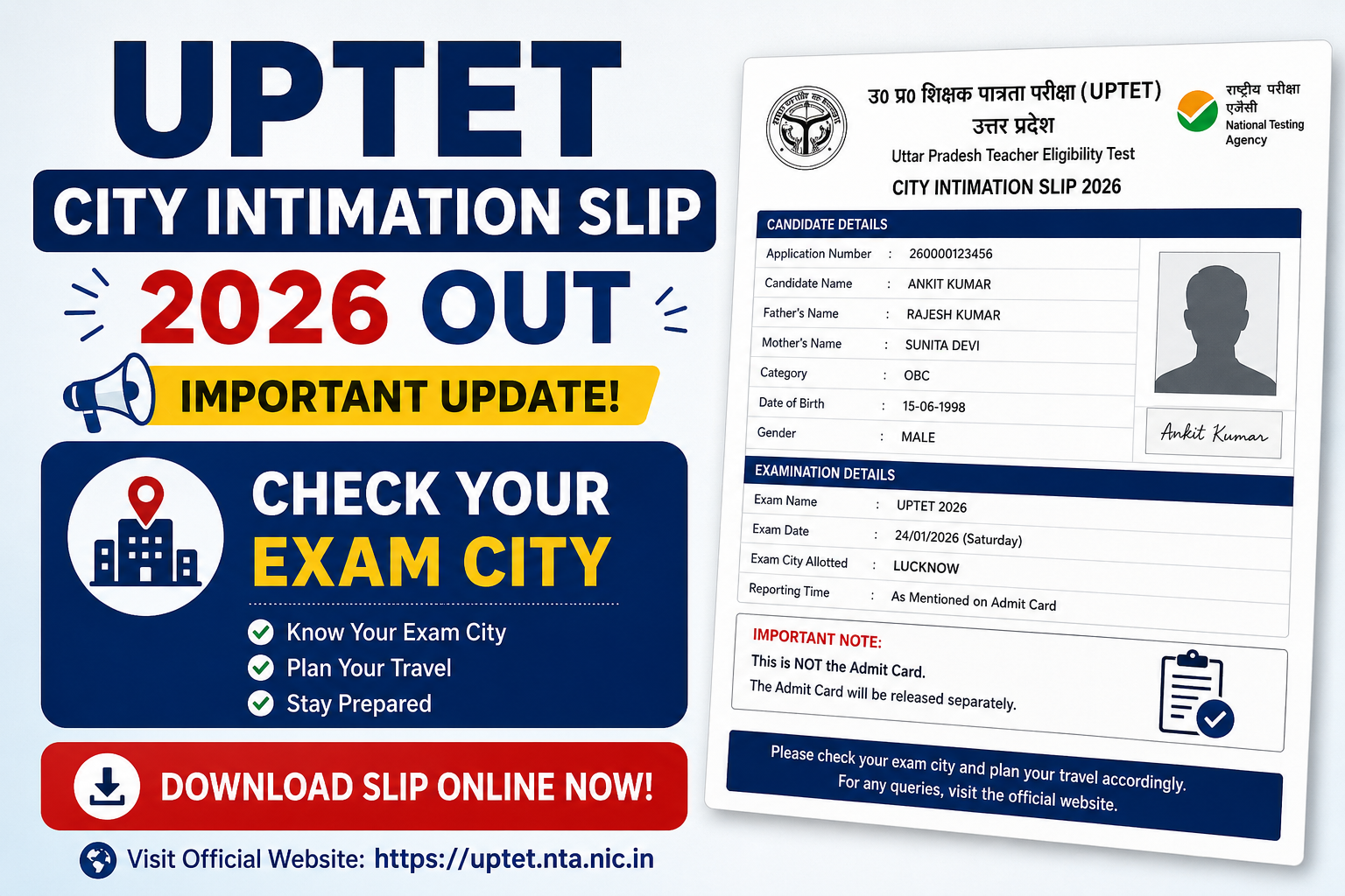 UPTET City Intimation Slip 2026 Out, Check Exam City & Download Slip Online
