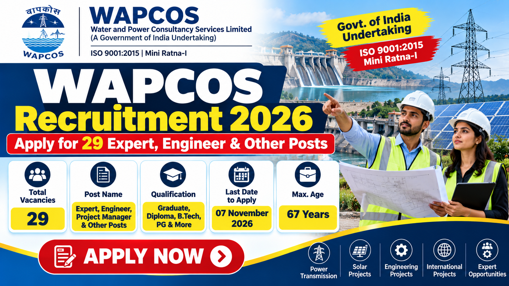 WAPCOS Recruitment 2026: Apply for 29 Expert, Engineer & Other Posts