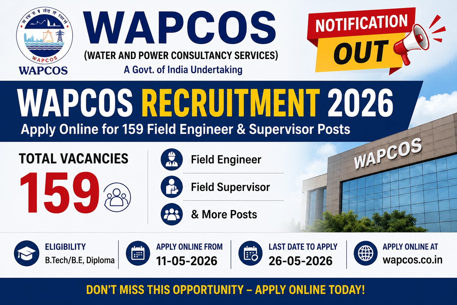 WAPCOS Recruitment 2026 Notification Out – Apply Online for 159 Field Engineer & Supervisor Posts